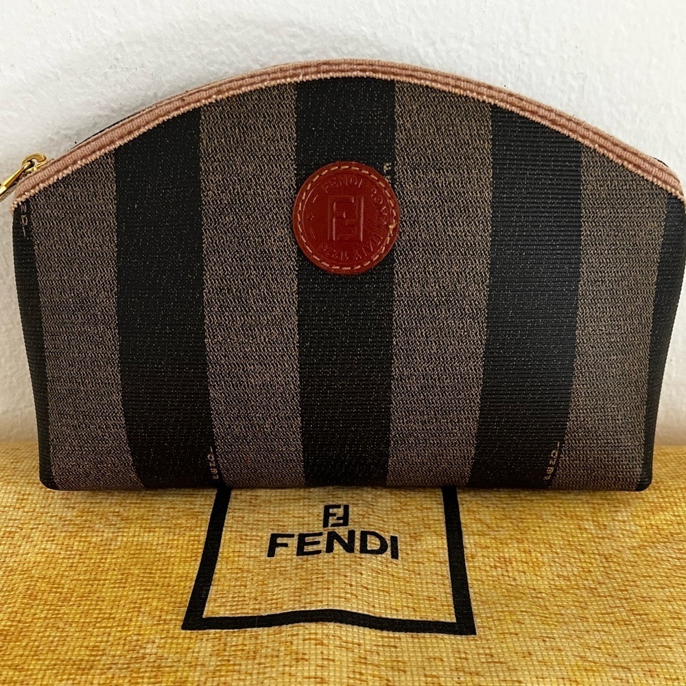 FENDI Pecan Striped Canvas Pouch Black Brown Gold COA 1980s Italy